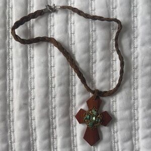 Brown Wooden Cross Necklace with Green Accents